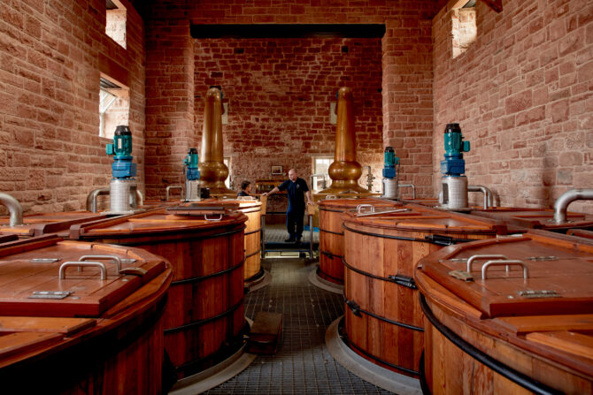 Vats of whisky at Annandale Distillery