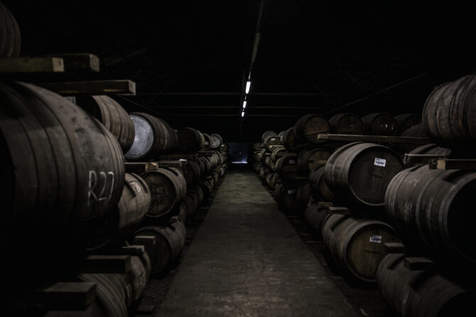 Casks at the Bruachladdich Distillery